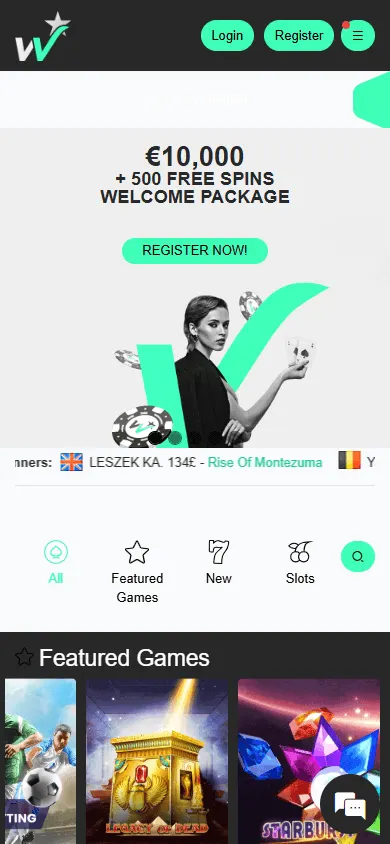 Winner Casino mobile site home screen with casino and betting options