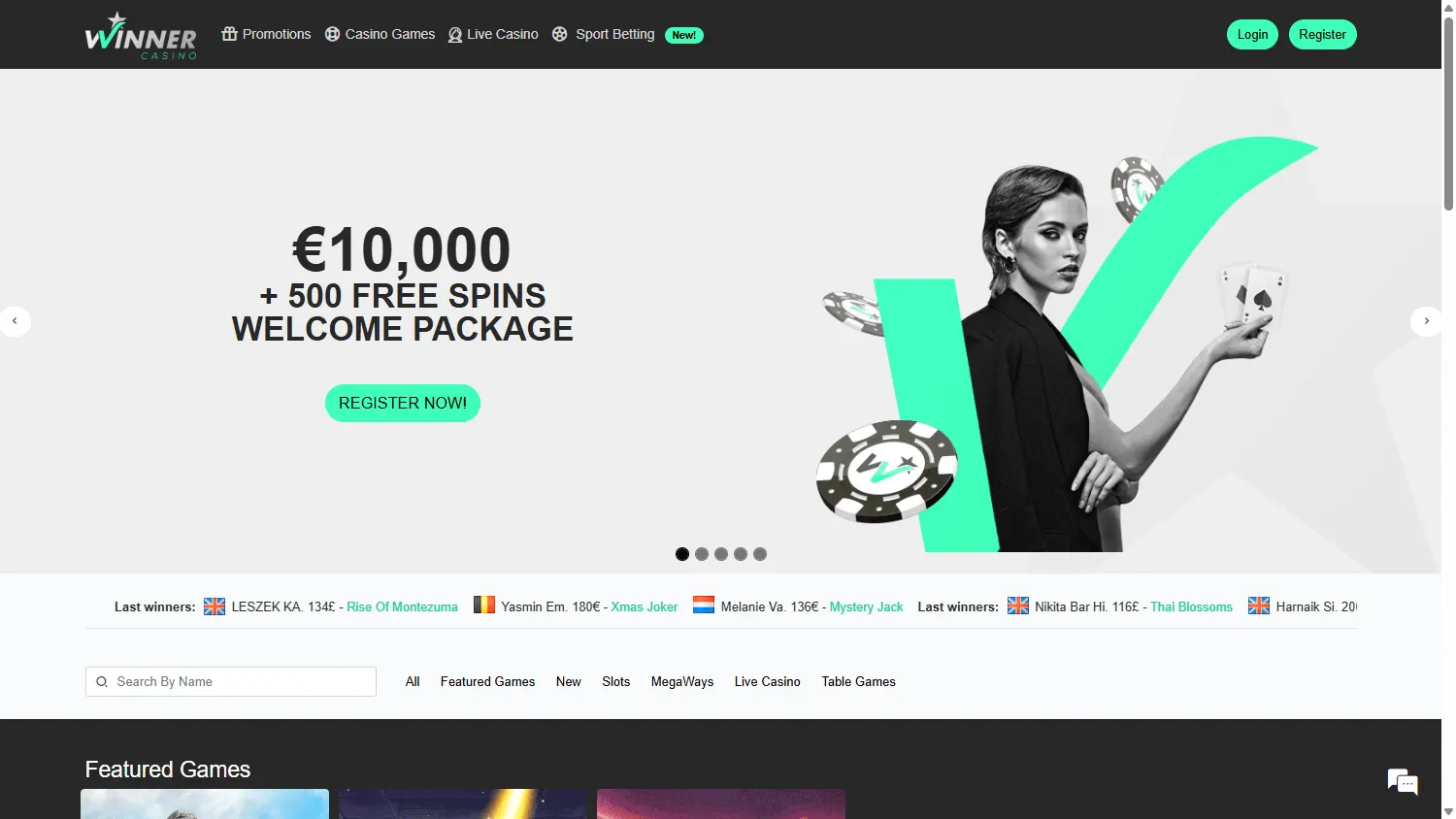 Winner Casino desktop home screen with casino and betting options